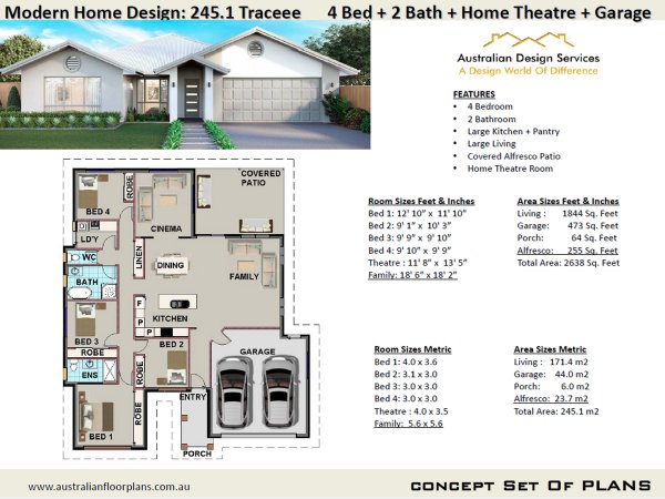 3  bed floo4 Bedroom Modern Home Plan:245.1Traceeer plan